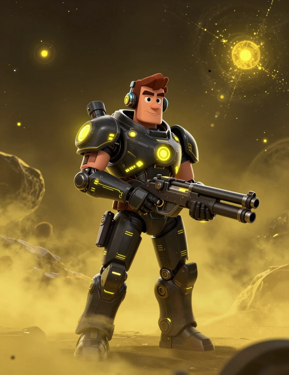 Sci fi soldier in neon armor drifting through cosmic storms