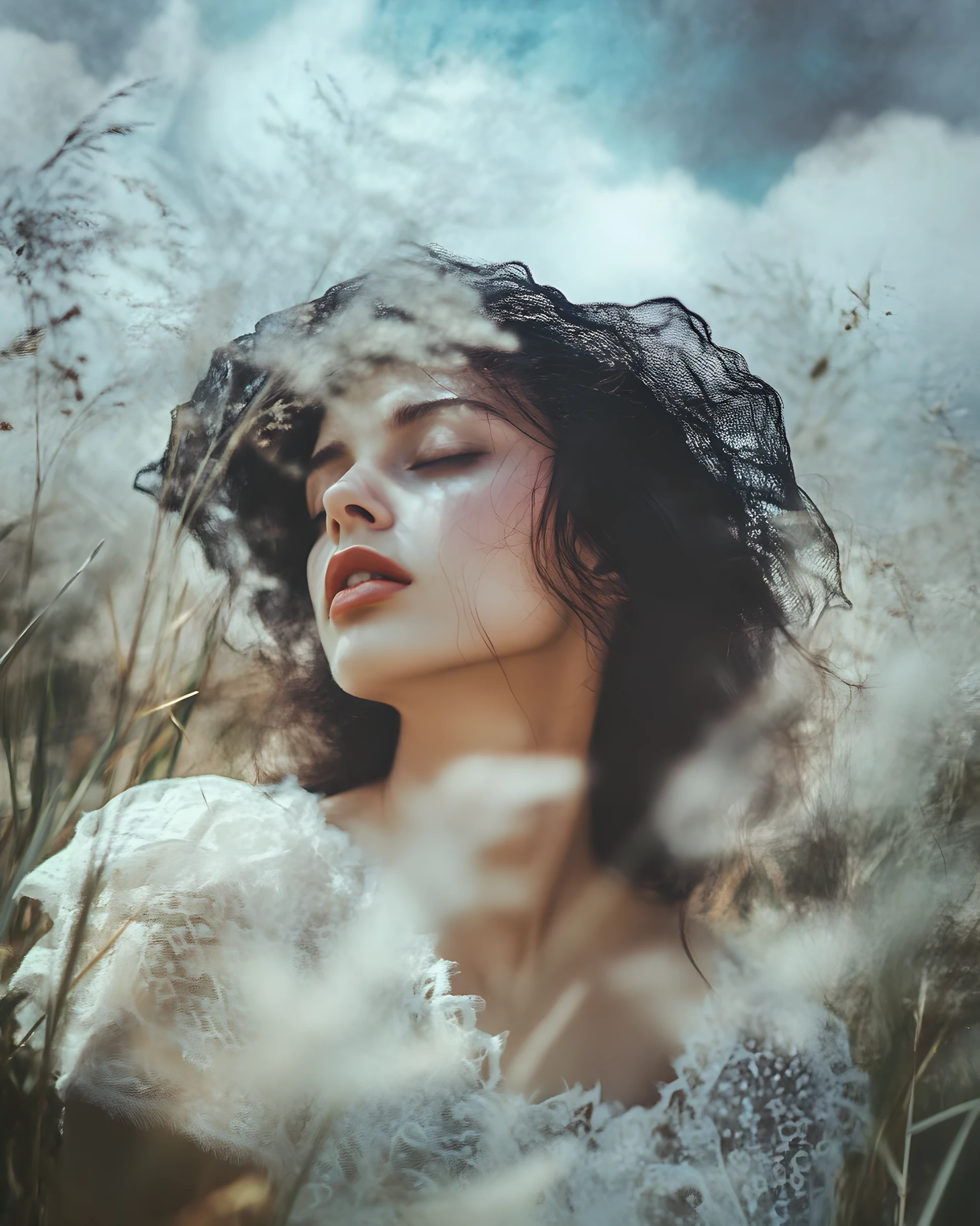Modelo de alta costura en retrato dramático a la hora azul