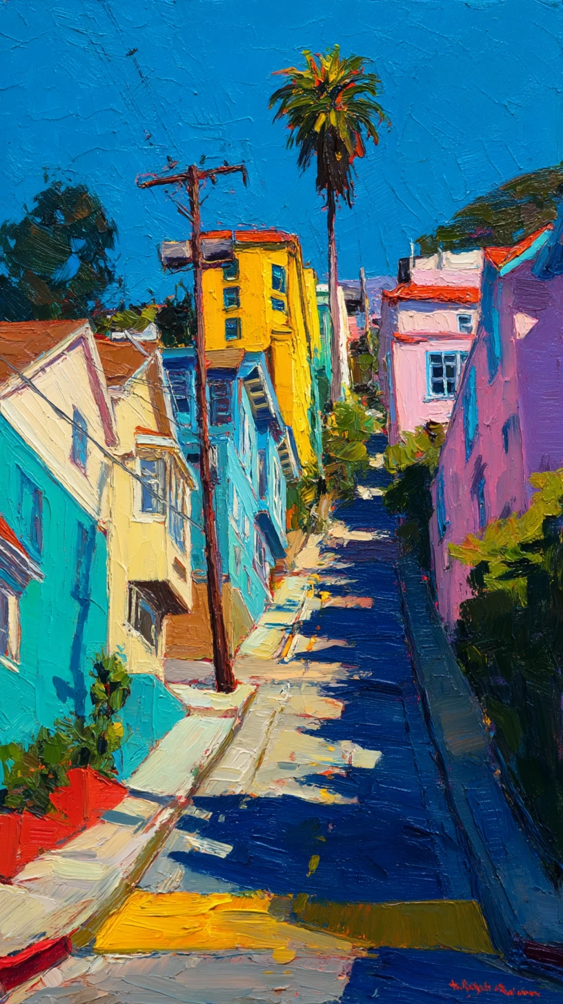 Calle empinada de ciudad con casas coloridas a la luz del sol