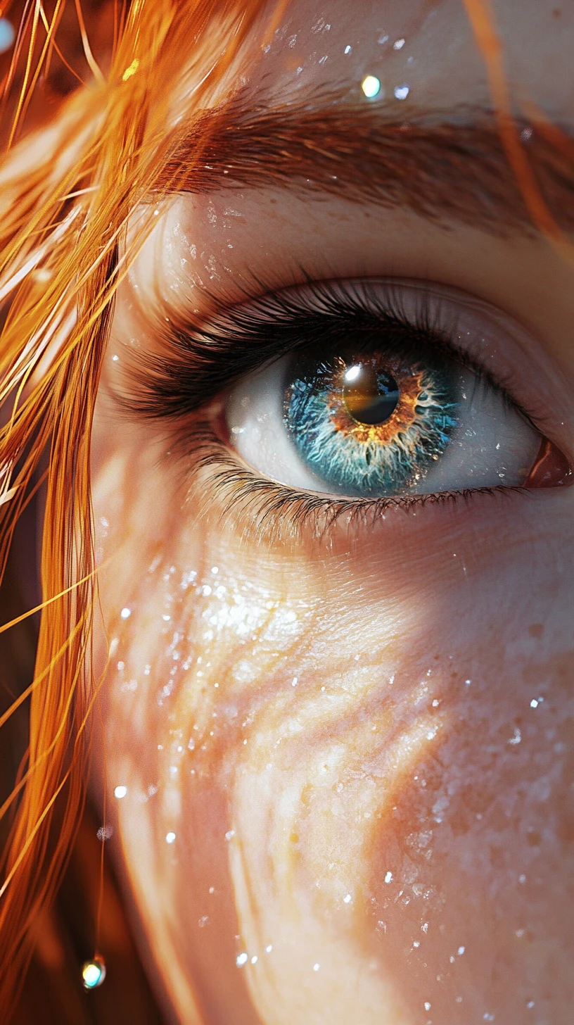 Primer plano del ojo de una chica anime con iris de galaxia luminosa