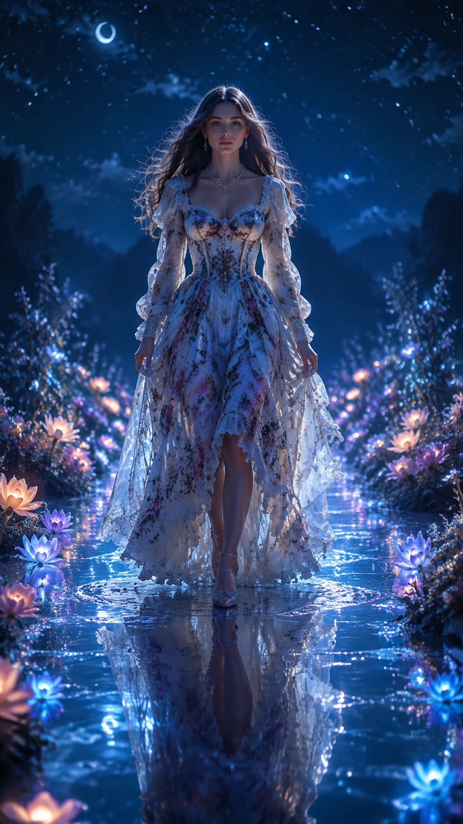 Ethereal woman on a watery runway amid glowing flowers
