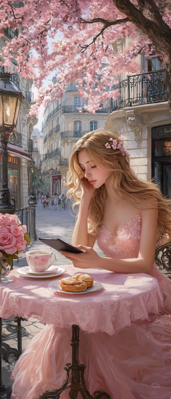 Joven leyendo en un romántico café callejero de París