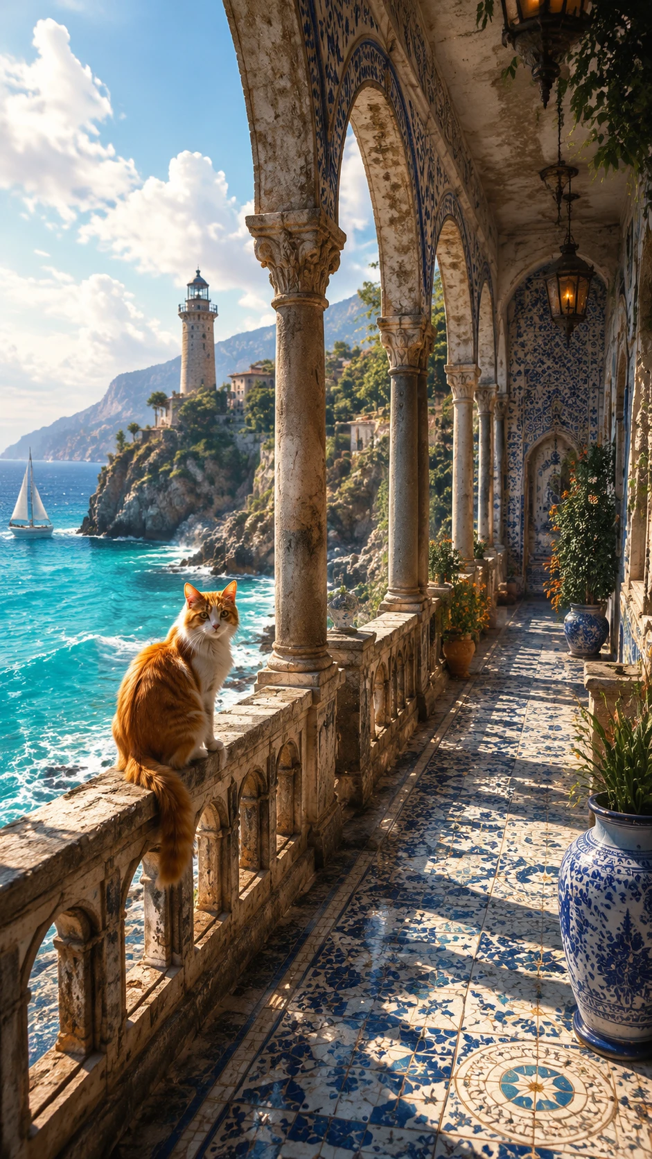 Mediterranean veranda with arches overlooking turquoise sea