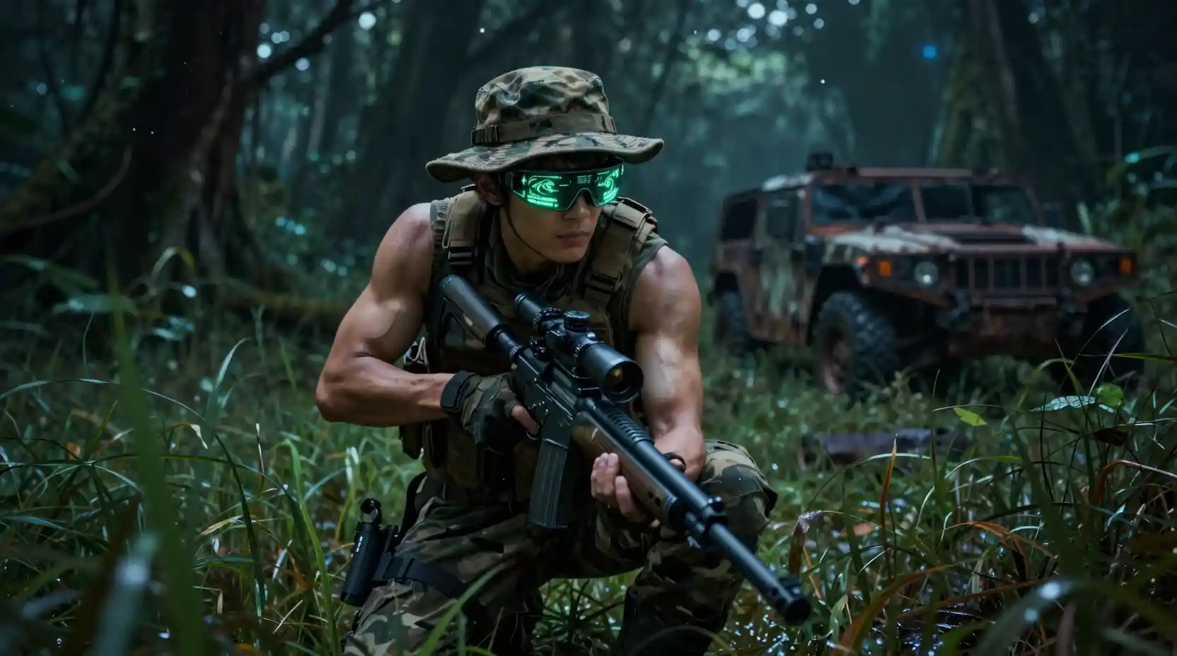 Soldier with sniper rifle moving through dark jungle grass