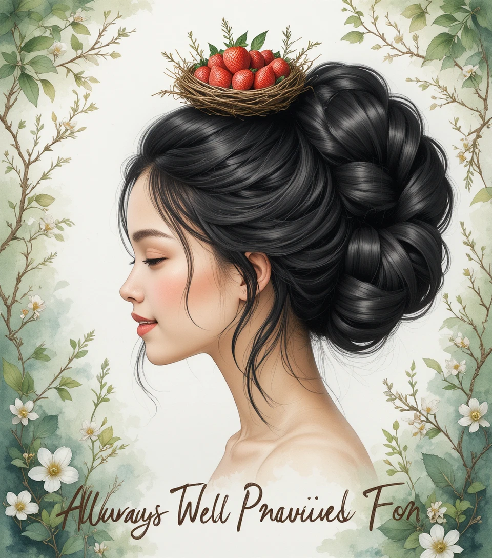 Smiling girl with nest and strawberries in her hair