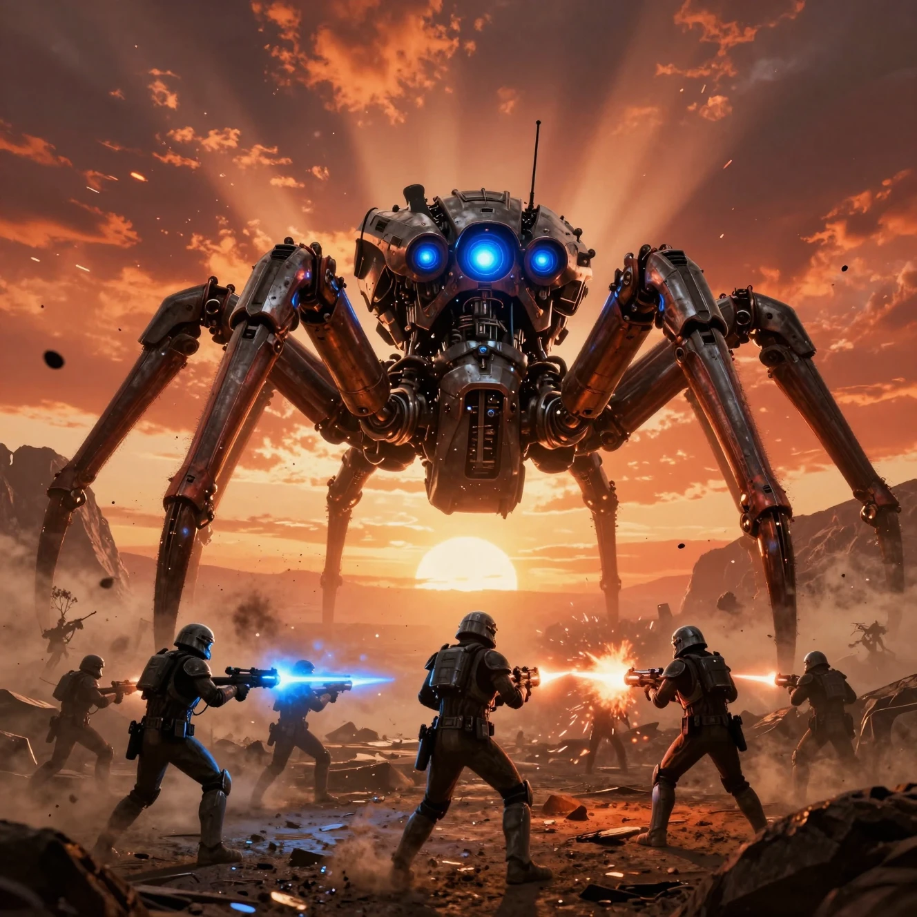 Giant mechanical spider war machine towering over soldiers