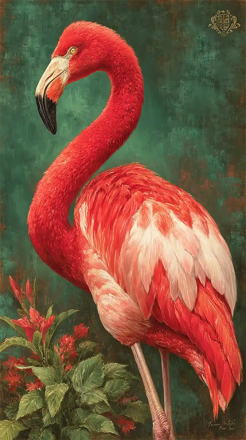 Aristokratisches Flamingo-Ölporträt in dunklem Ahnensaal