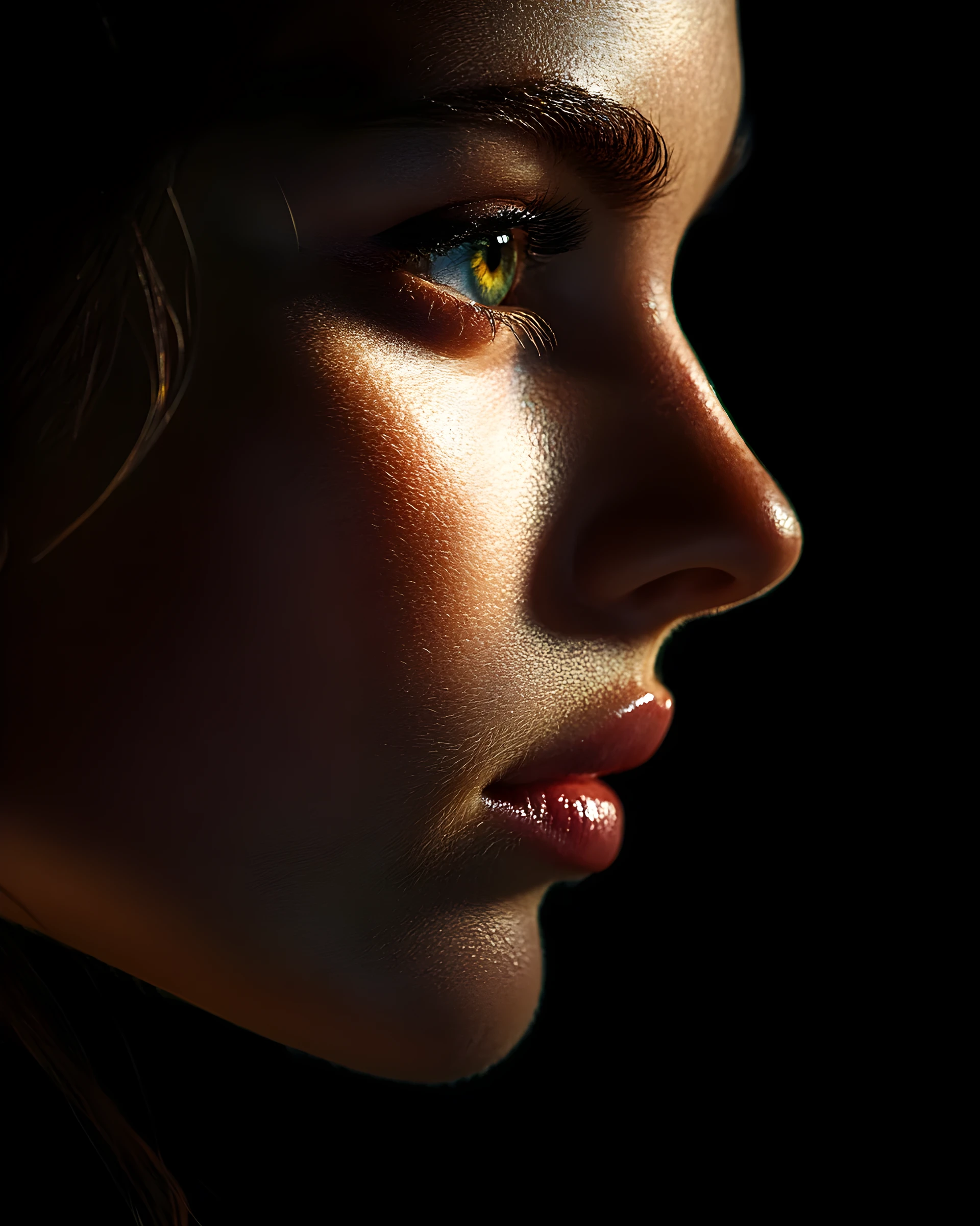 Retrato de perfil en primer plano de una mujer en sombra profunda