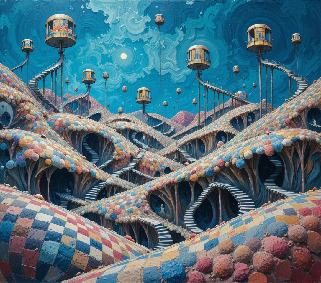 Surreal checkerboard hills with zigzag bridges and stairs