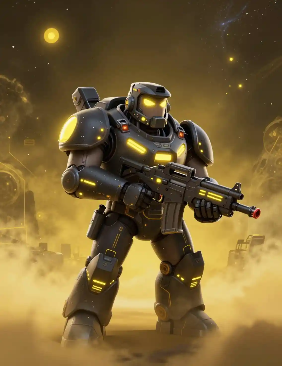 Cartoon armored heavy soldier in glowing sci fi space