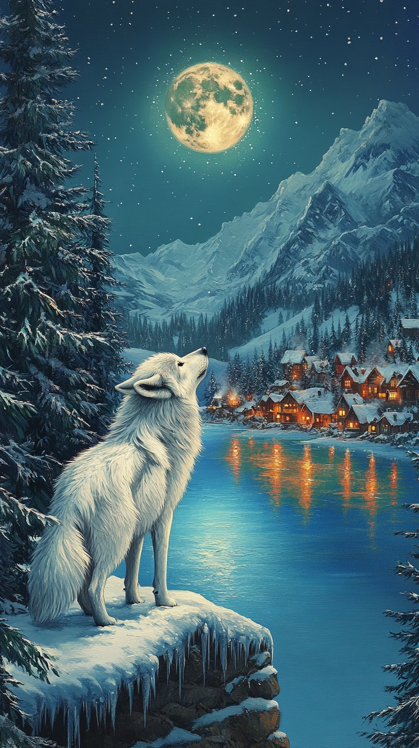 Lobo blanco bajo la luna llena sobre montañas nevadas