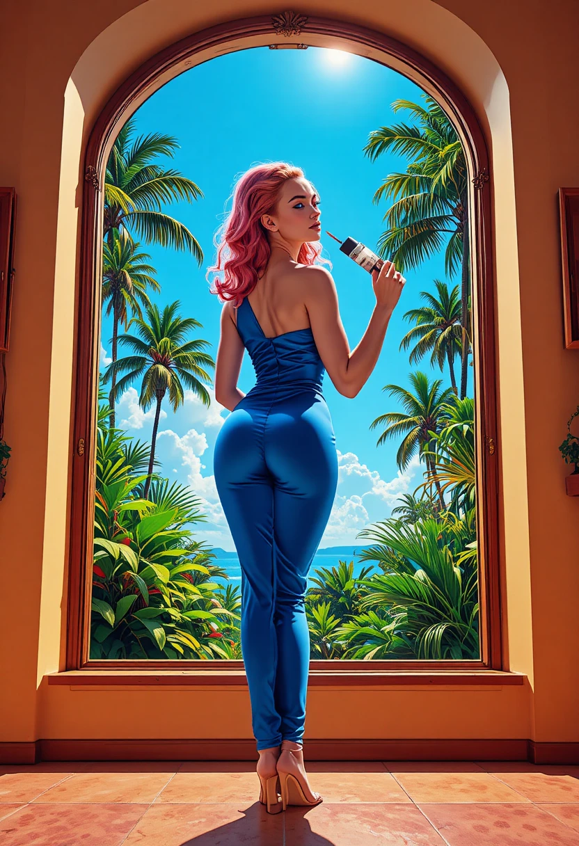 Pink haired woman in blue dress by sunny window