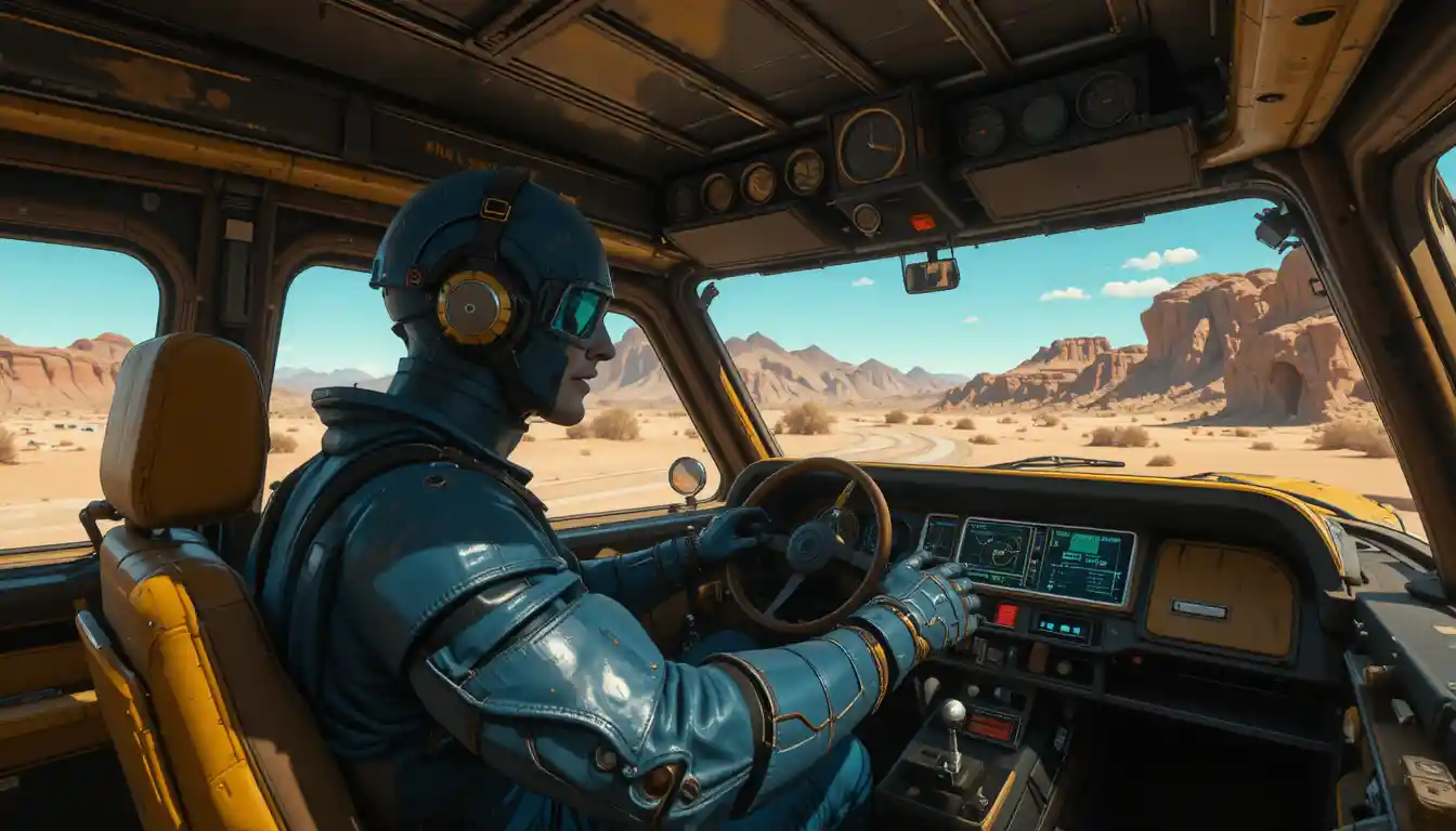 Muscular man driving retro futuristic cockpit in desert