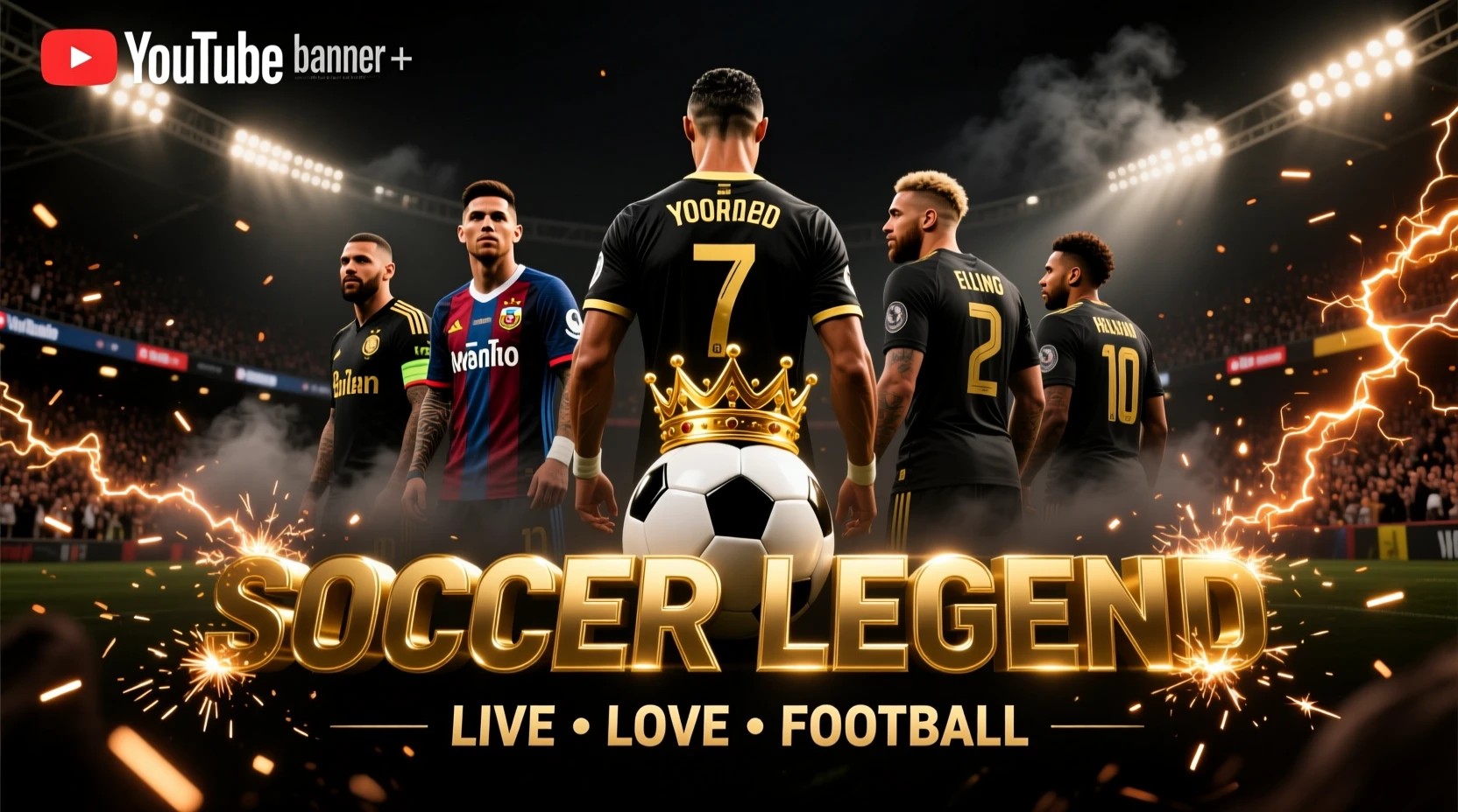 Epic soccer banner with crowned ball in stadium lights