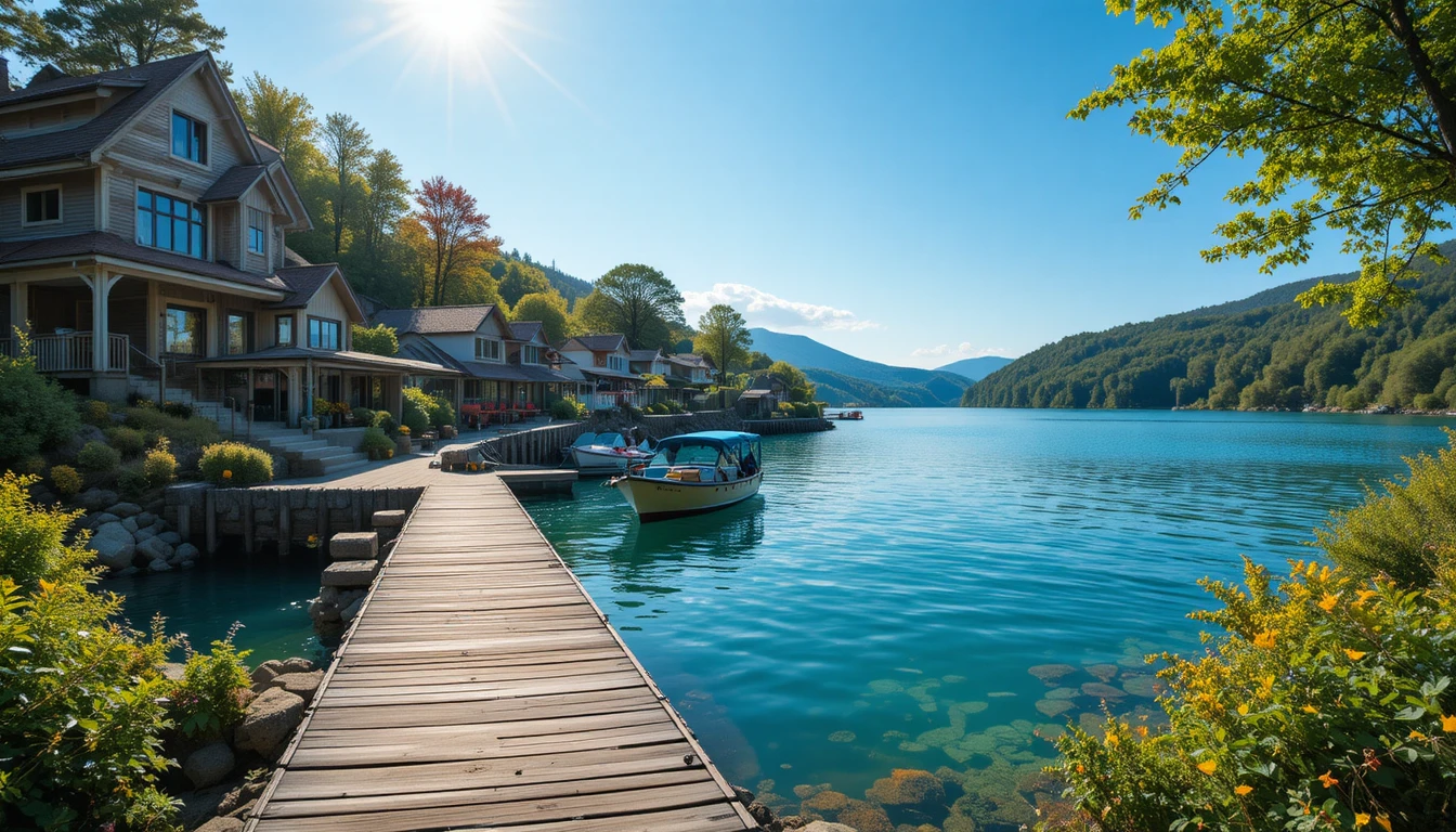 Rustic wooden pier on a tranquil lakeside village