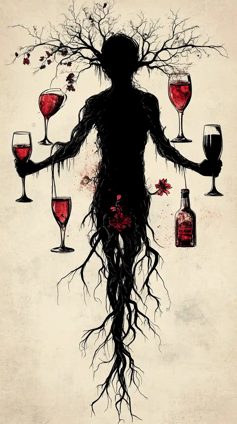 Surreal shadow creature transforming into a twisted alcohol tree