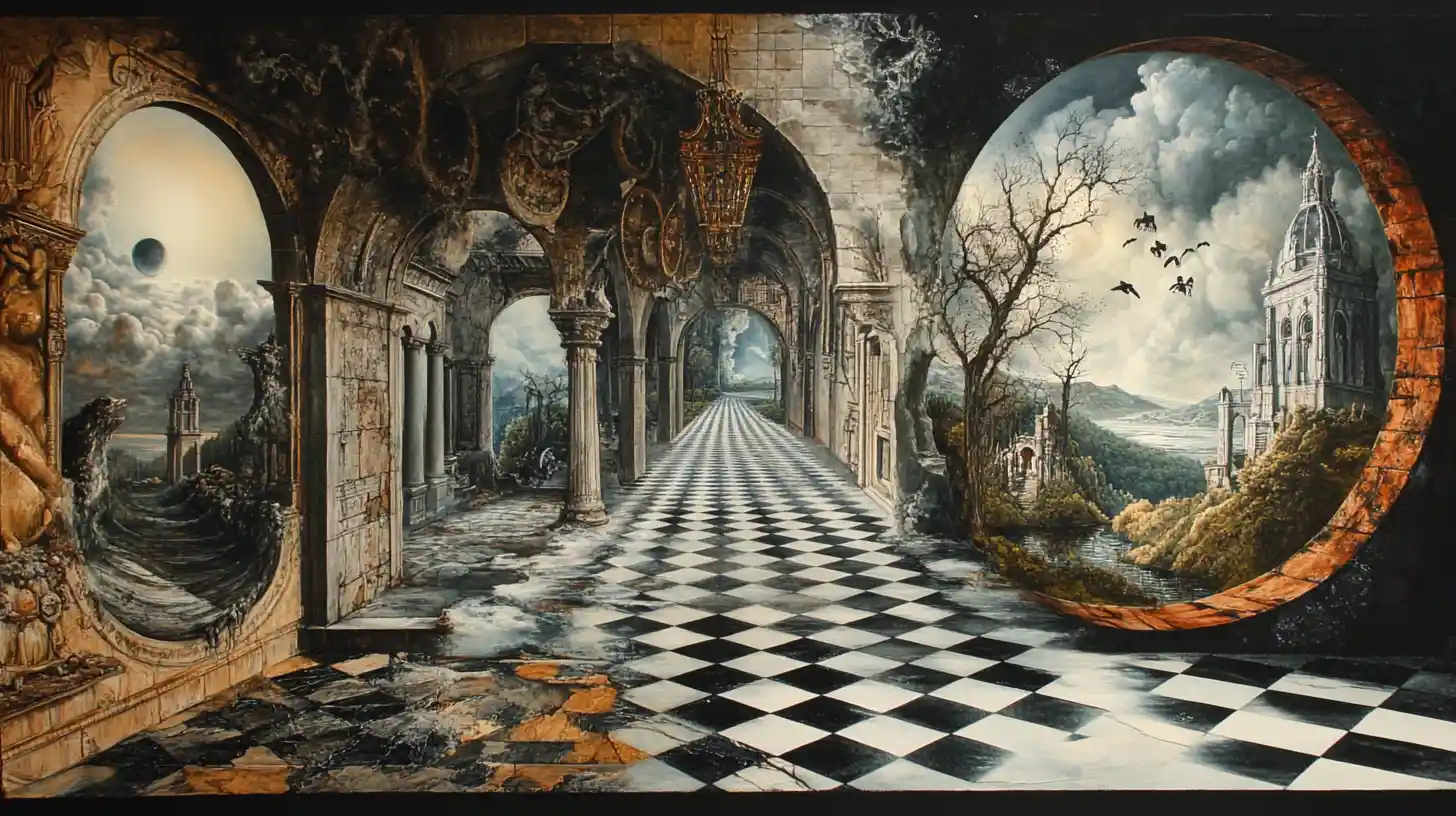 Layered surreal illusion blending reality and dreamlike scenes