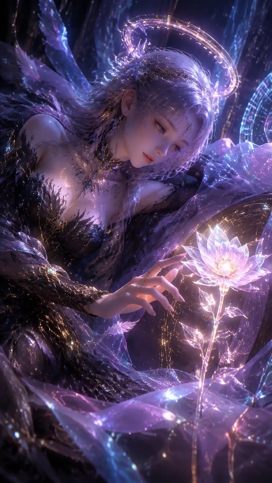 Serene anime heroine reaching for a radiant glowing flower