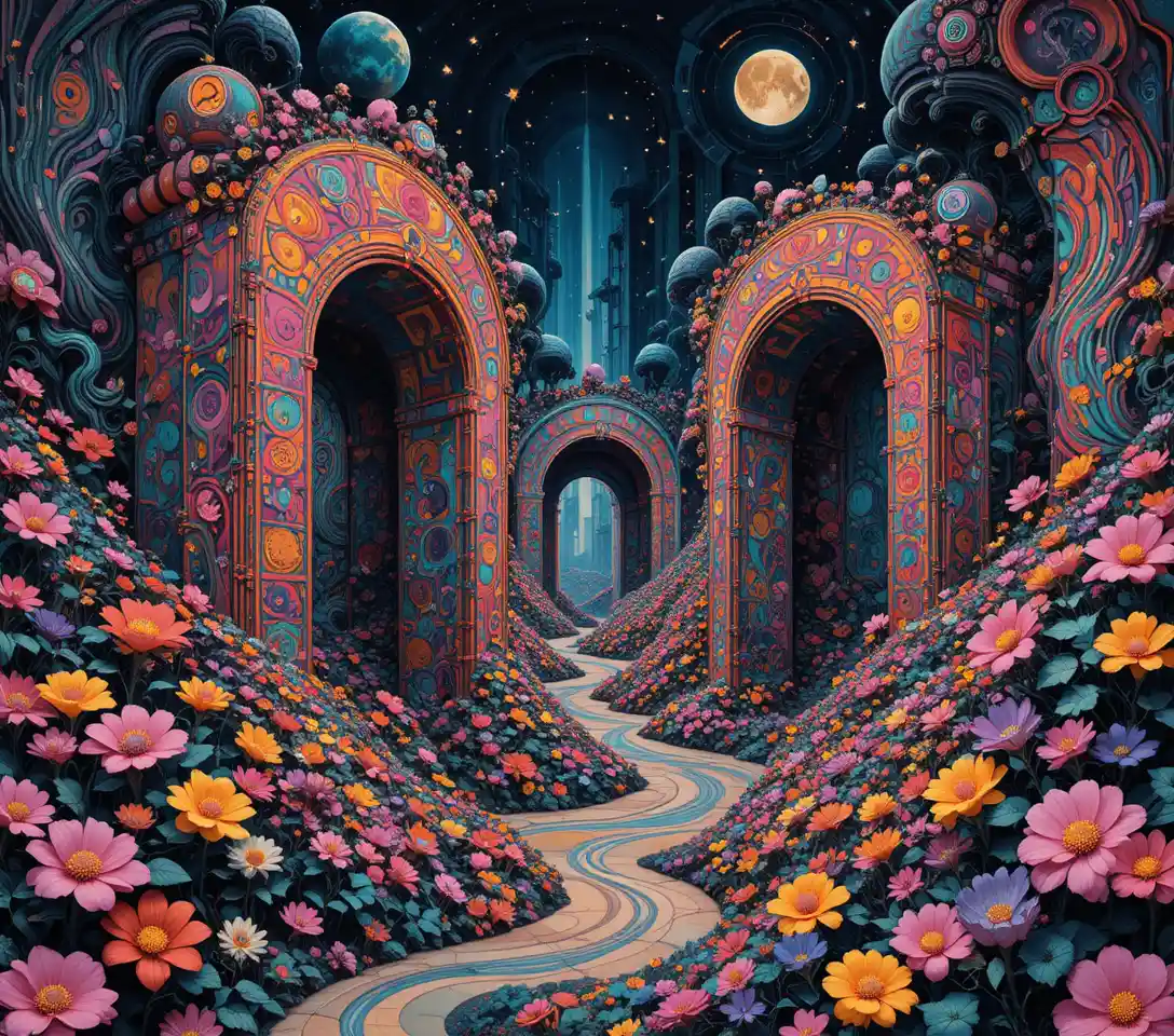 Surreal psychedelic landscape of smiling flowers and barriers