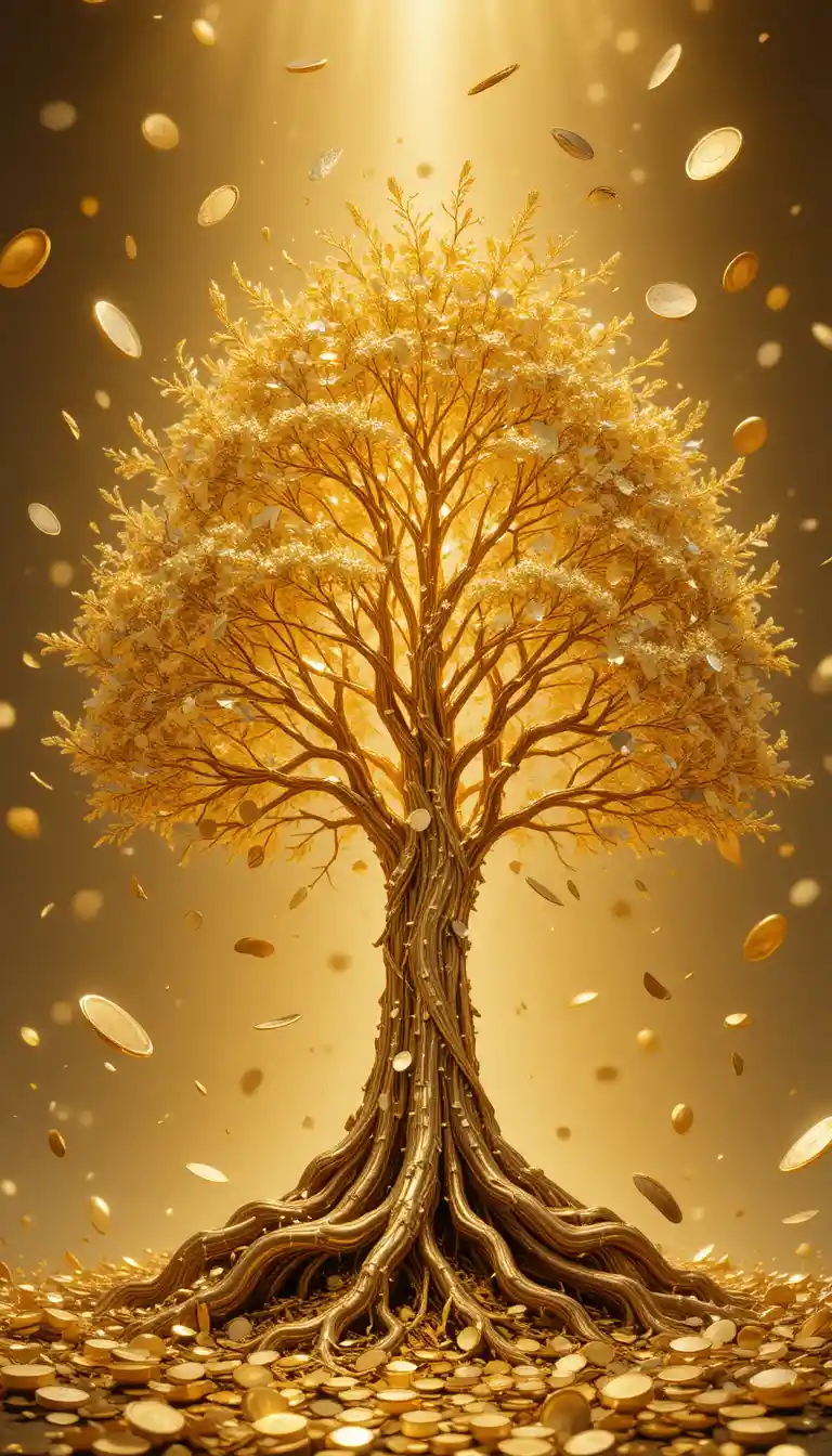 Golden money tree glowing against a radiant abstract background