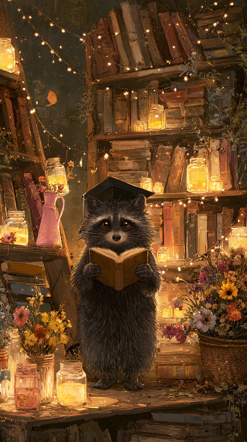 Mapache graduado y atento leyendo en una biblioteca mágica