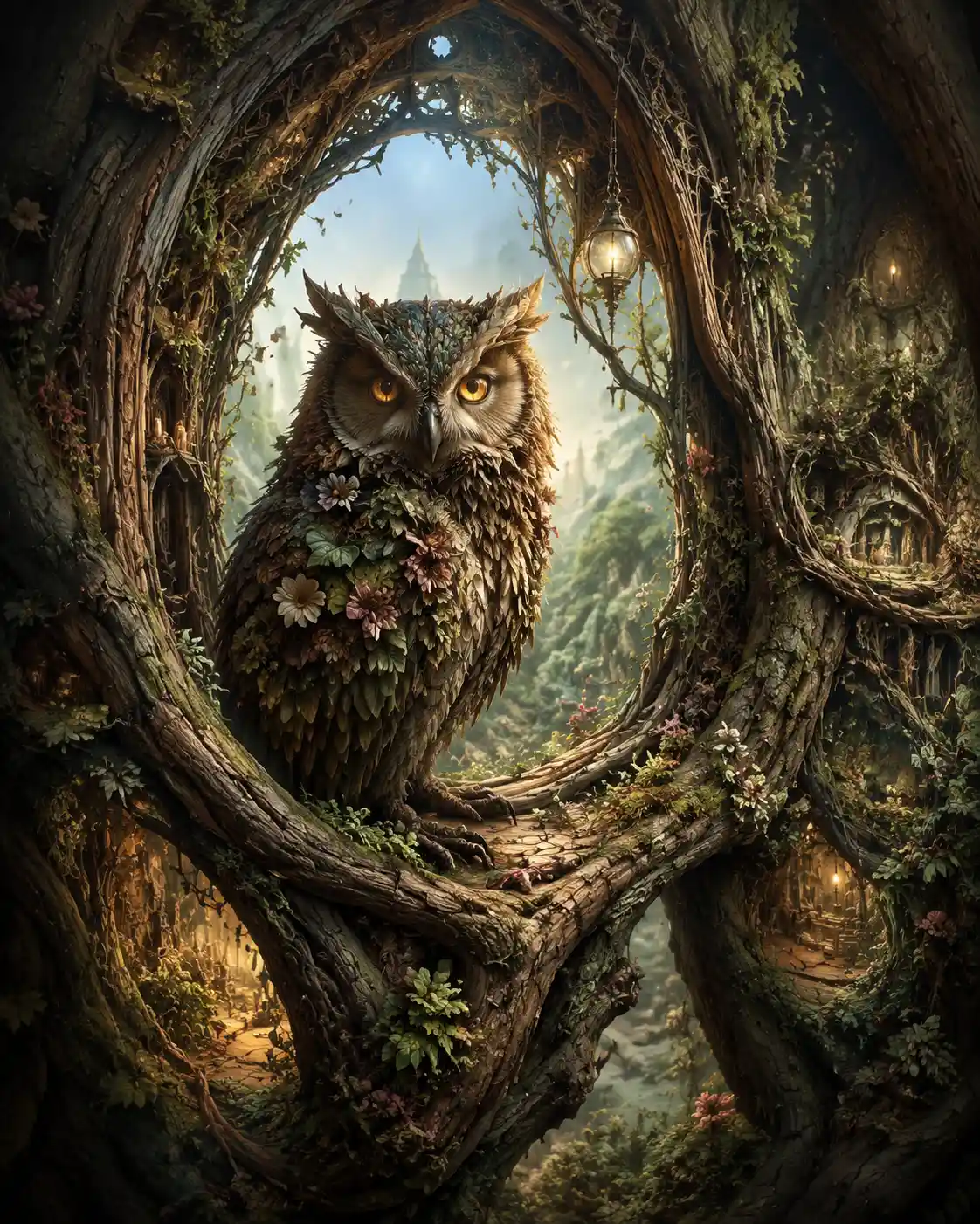 Surreal owl in a forest archway of living trees