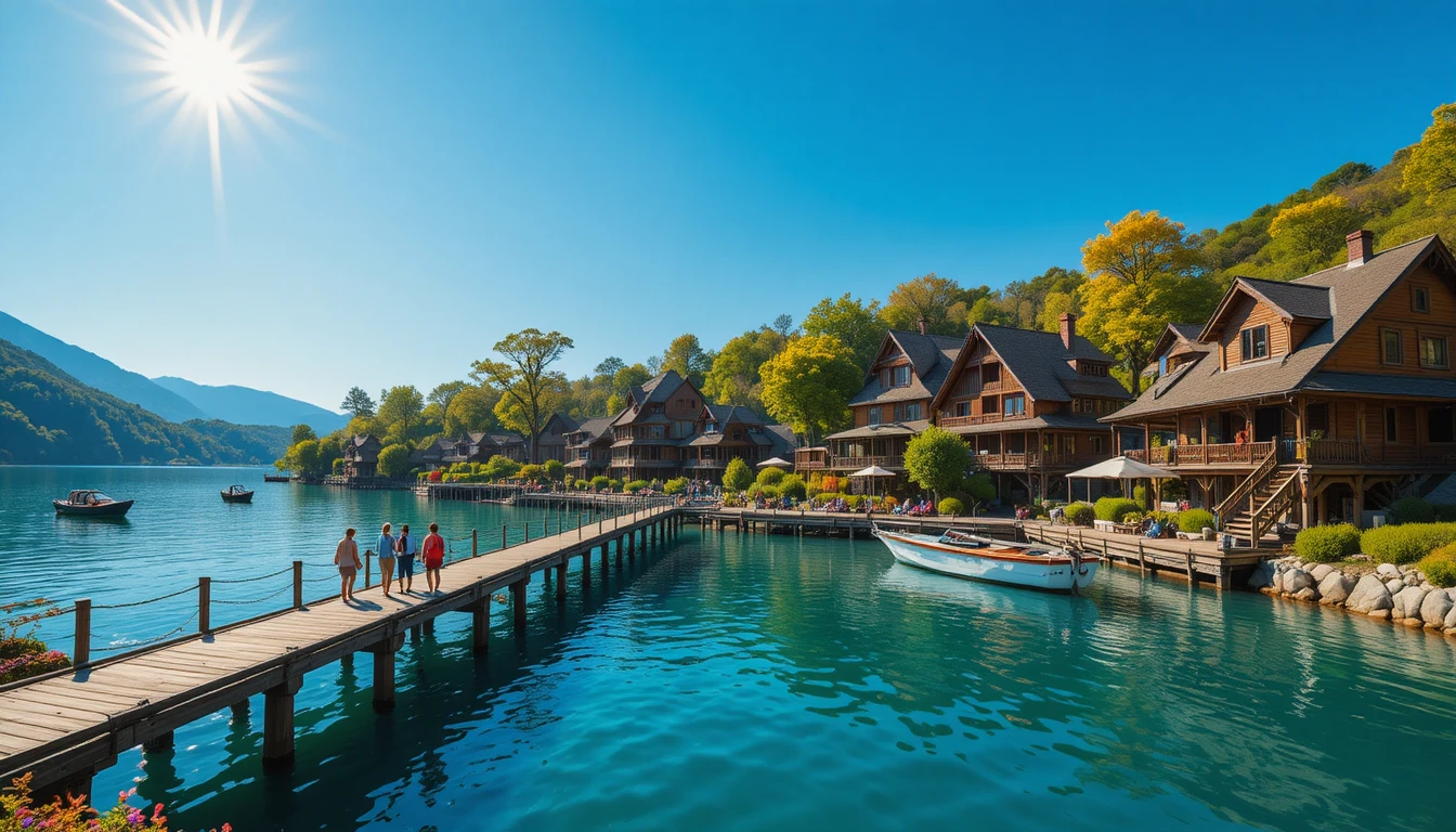 Rustic wooden pier on a tranquil lakeside village