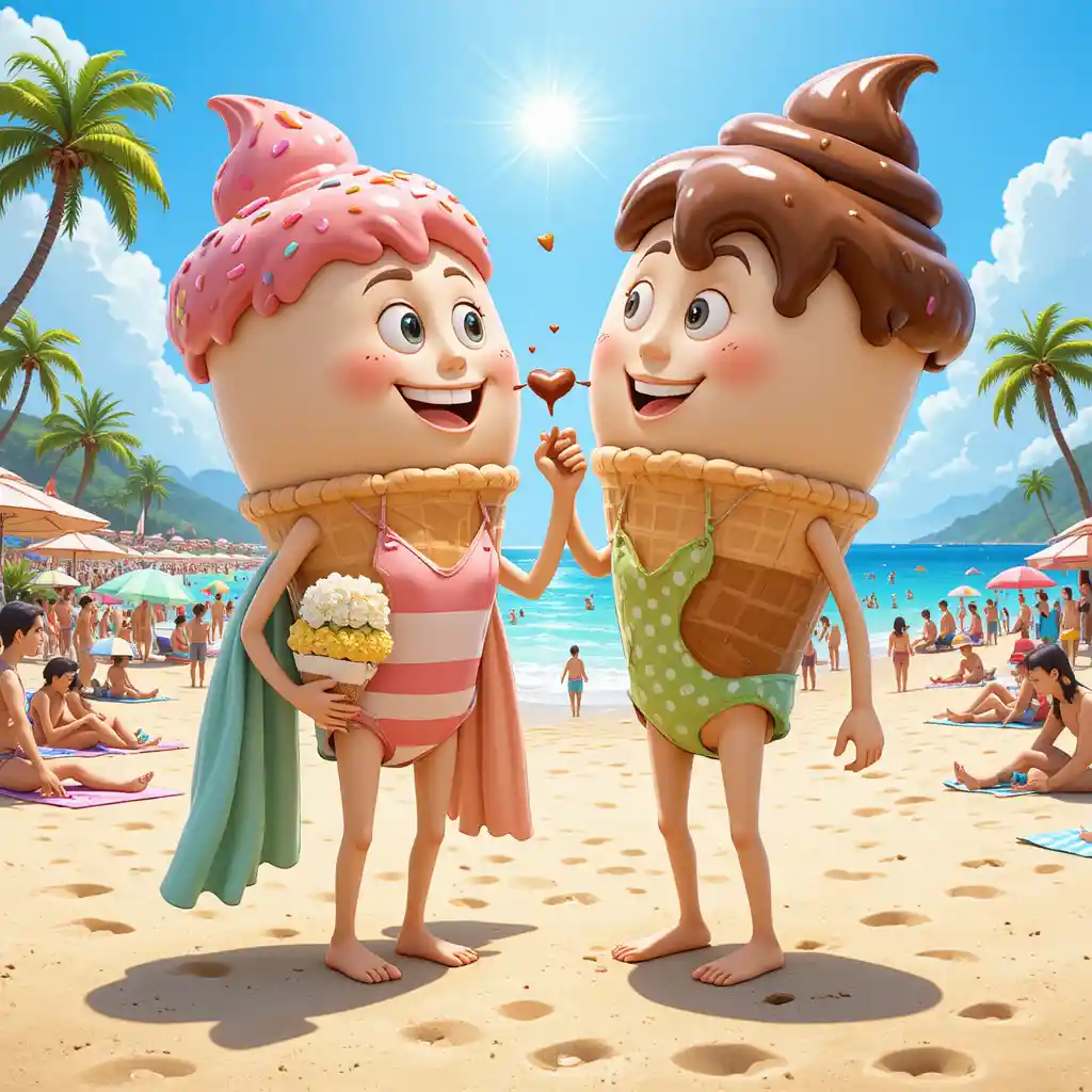 Playful ice cream characters sharing a moment on beach