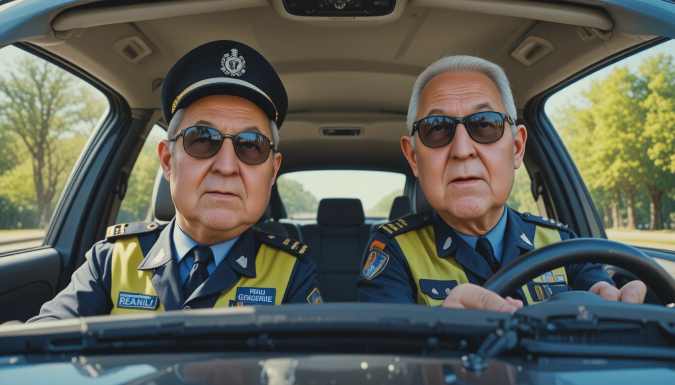 Two french gendarmes driving in a modern patrol car