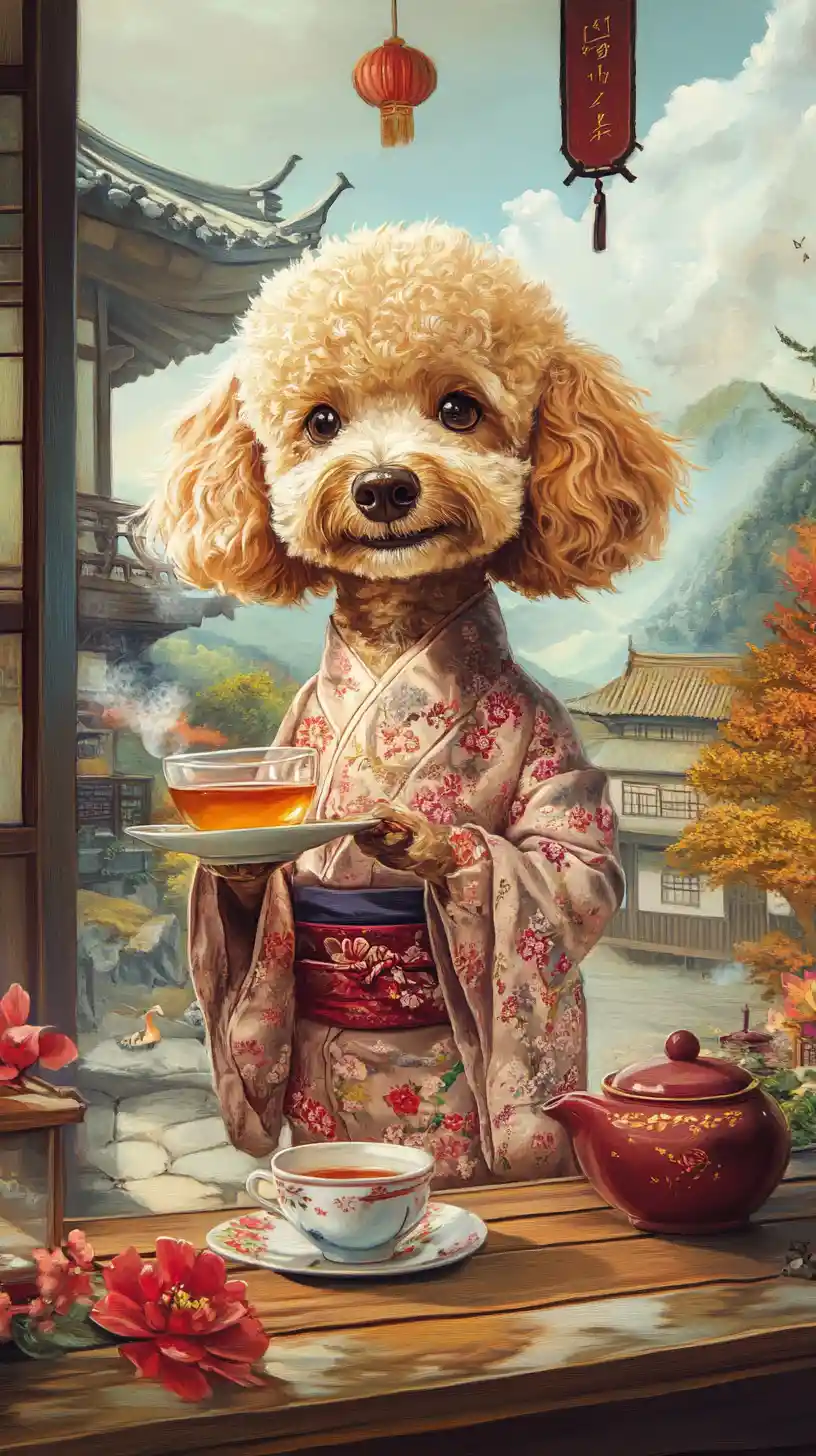 Anthropomorphic poodle in kimono serving tea in teahouse