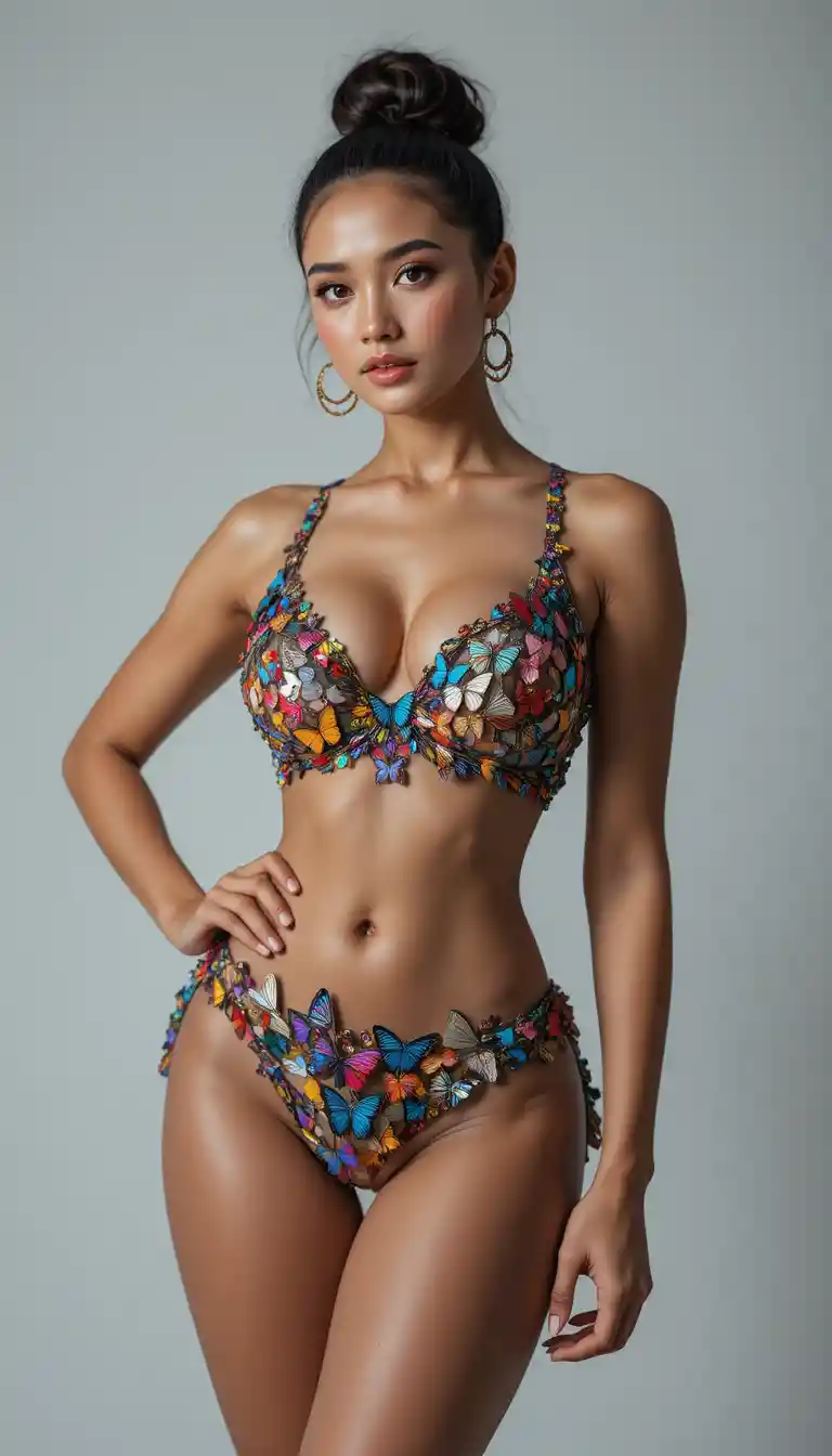 Confident woman in butterfly bikini fashion editorial portrait