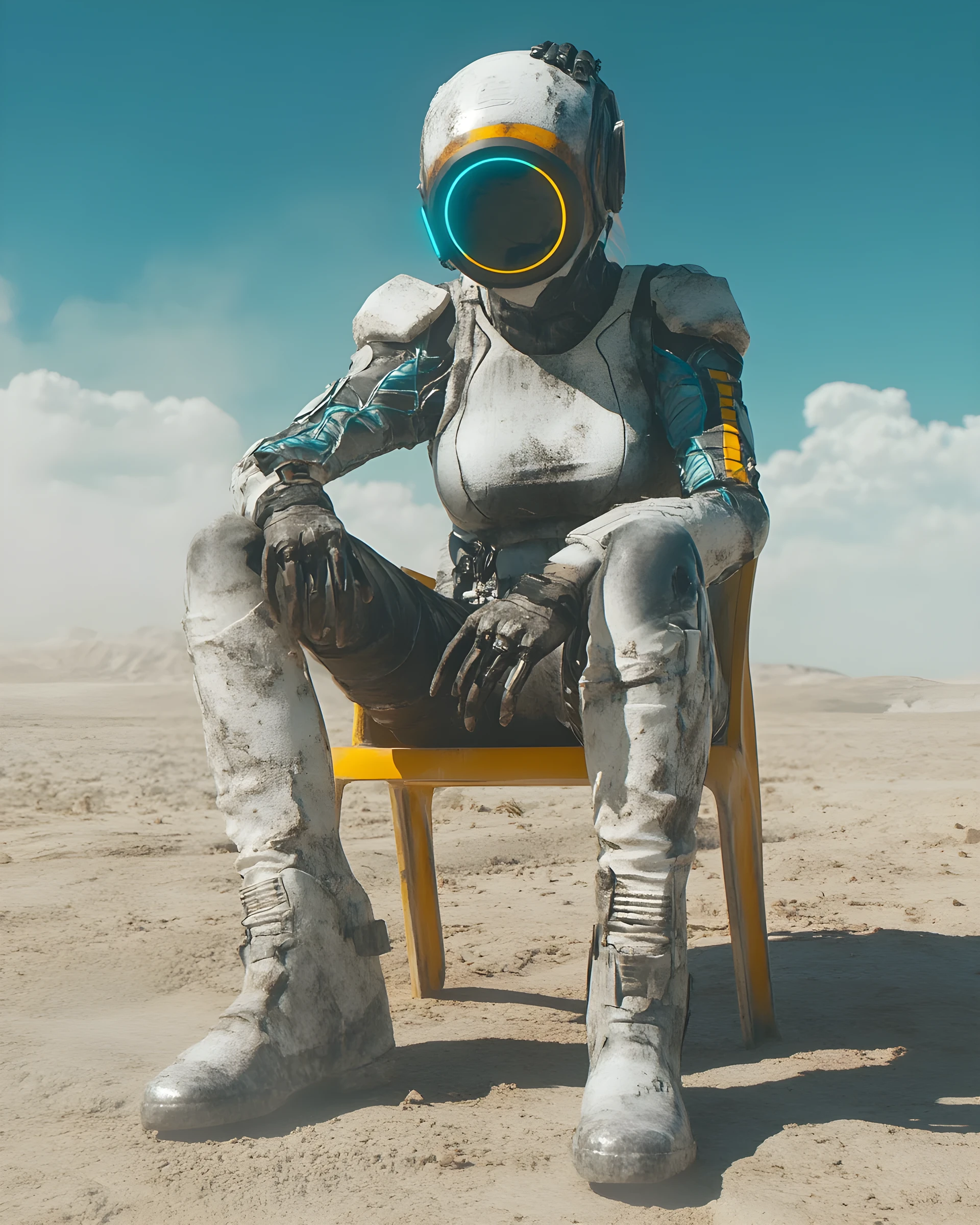 Mujer chatarrera cyberpunk descansando en un desierto luminoso