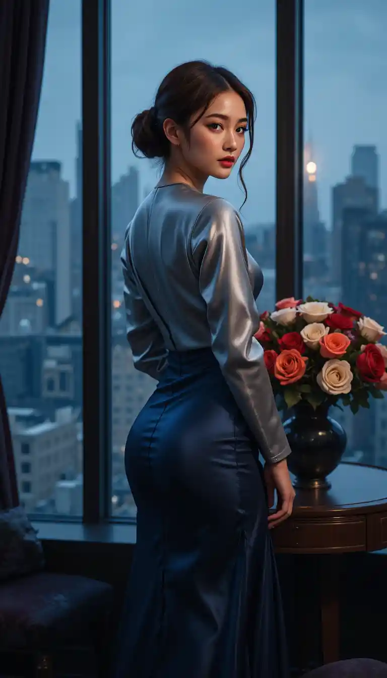 Elegant woman in navy gown in dim hotel penthouse