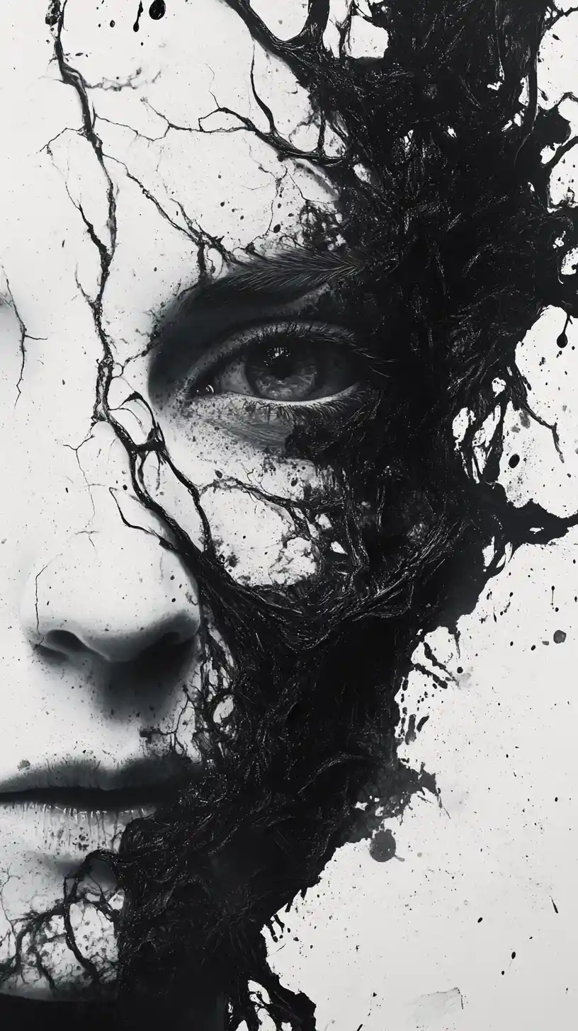 Surreal horror portrait dissolving into ink and empty void