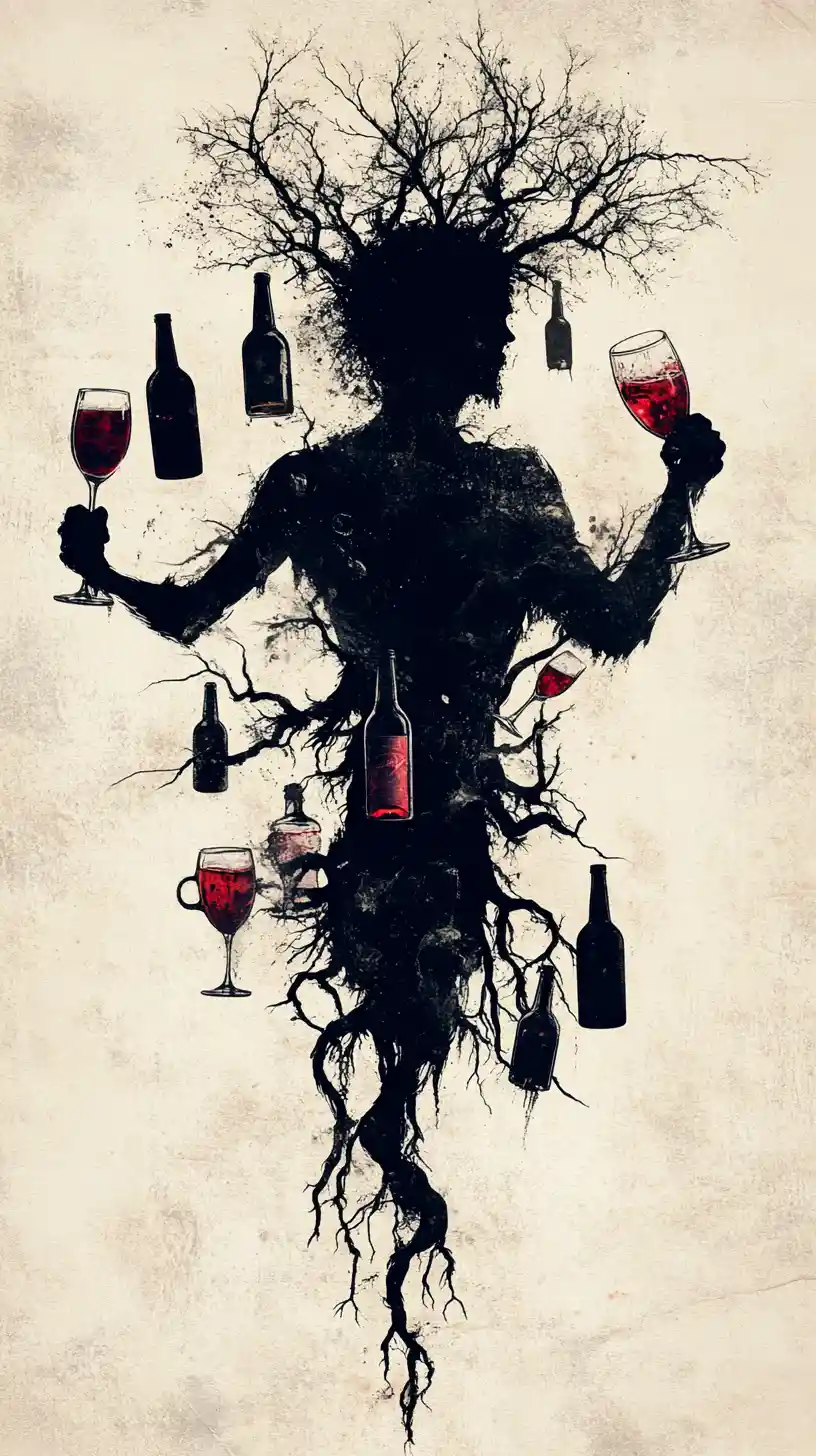 Surreal shadow creature morphing into twisted alcohol tree