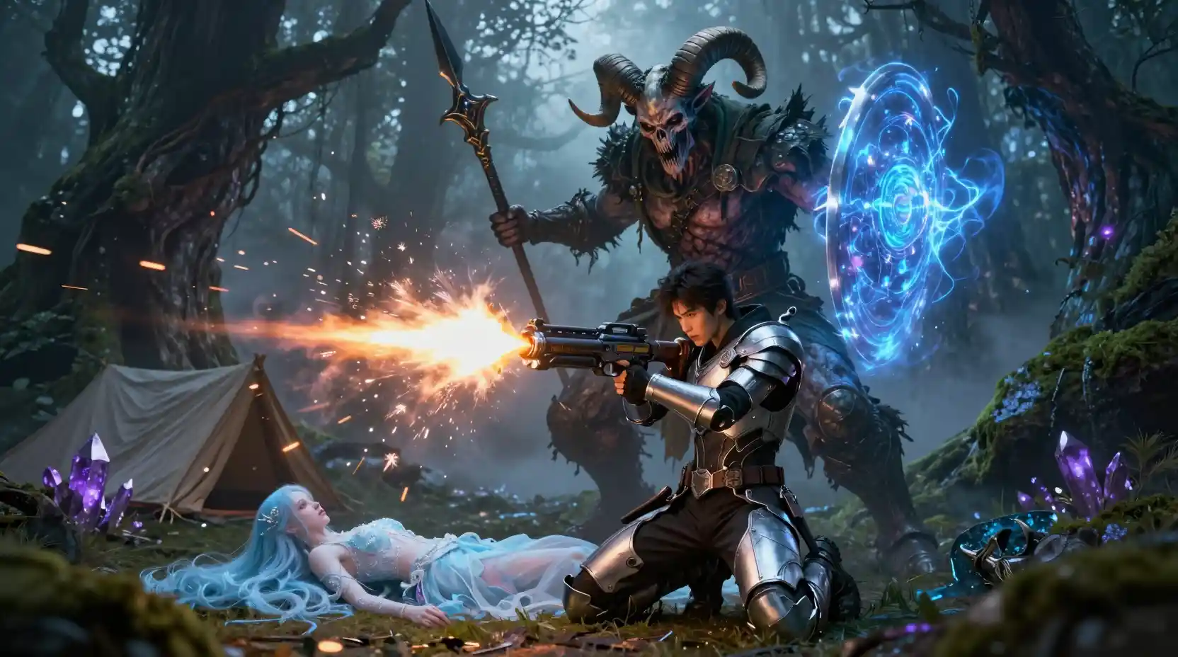 Armored sci fi soldier firing in enchanted forest battle