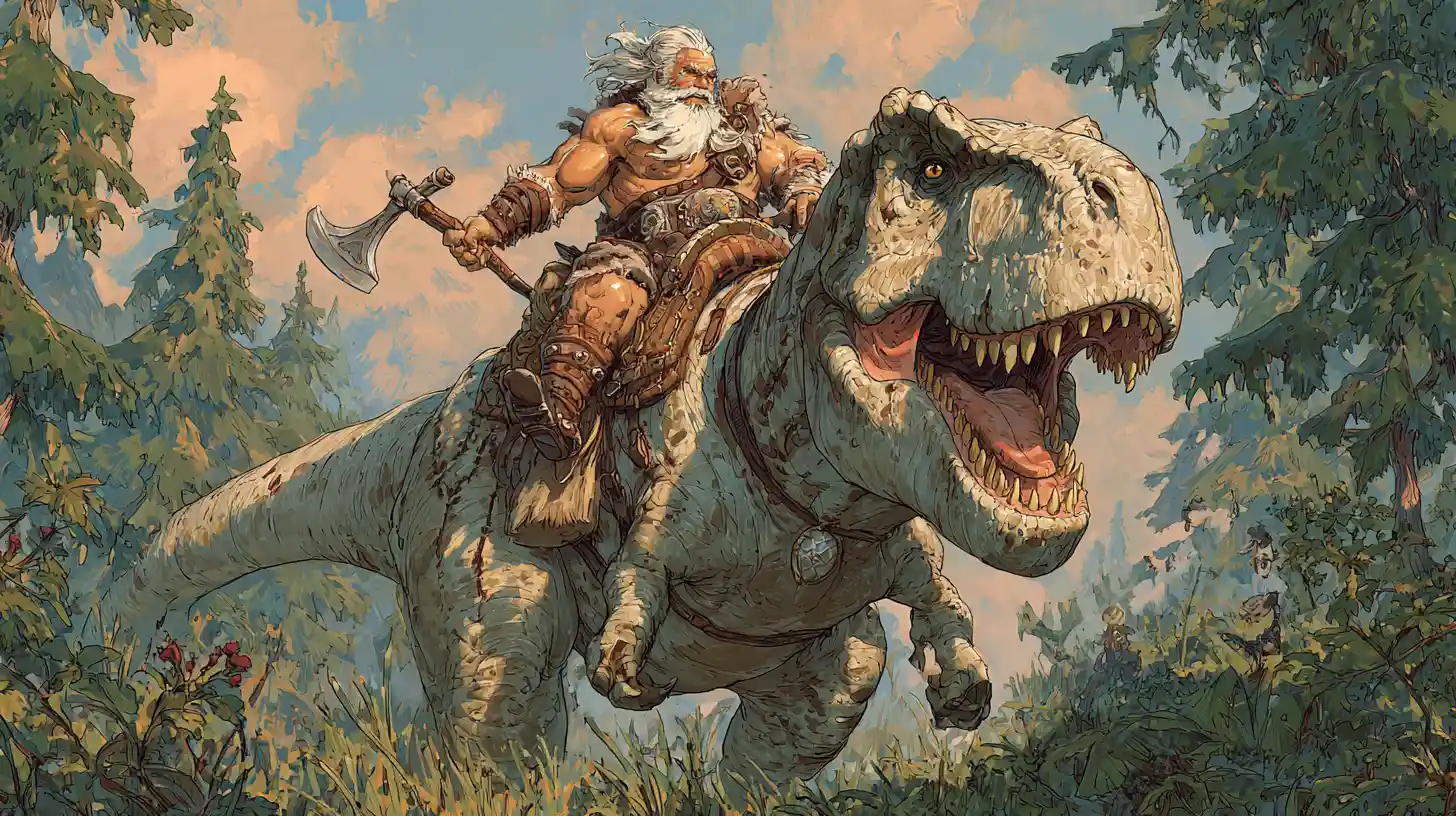Barbarian Warrior Riding A Giant Dinosaur Across Plains