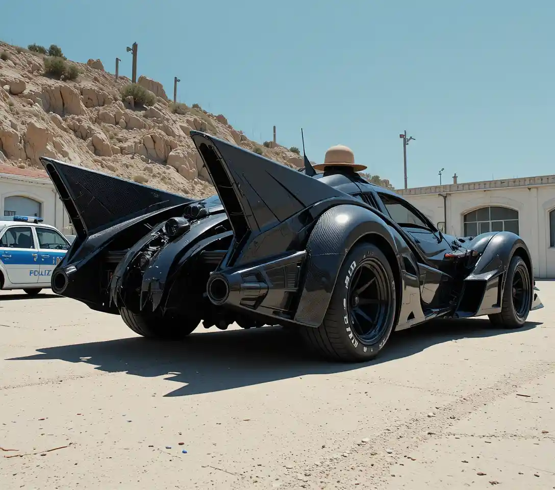 Futuristic black car with open canopy in bright sunlight