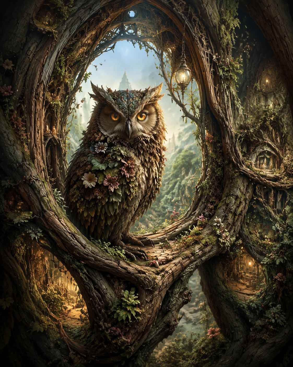 Surreal owl in a forest archway of living trees