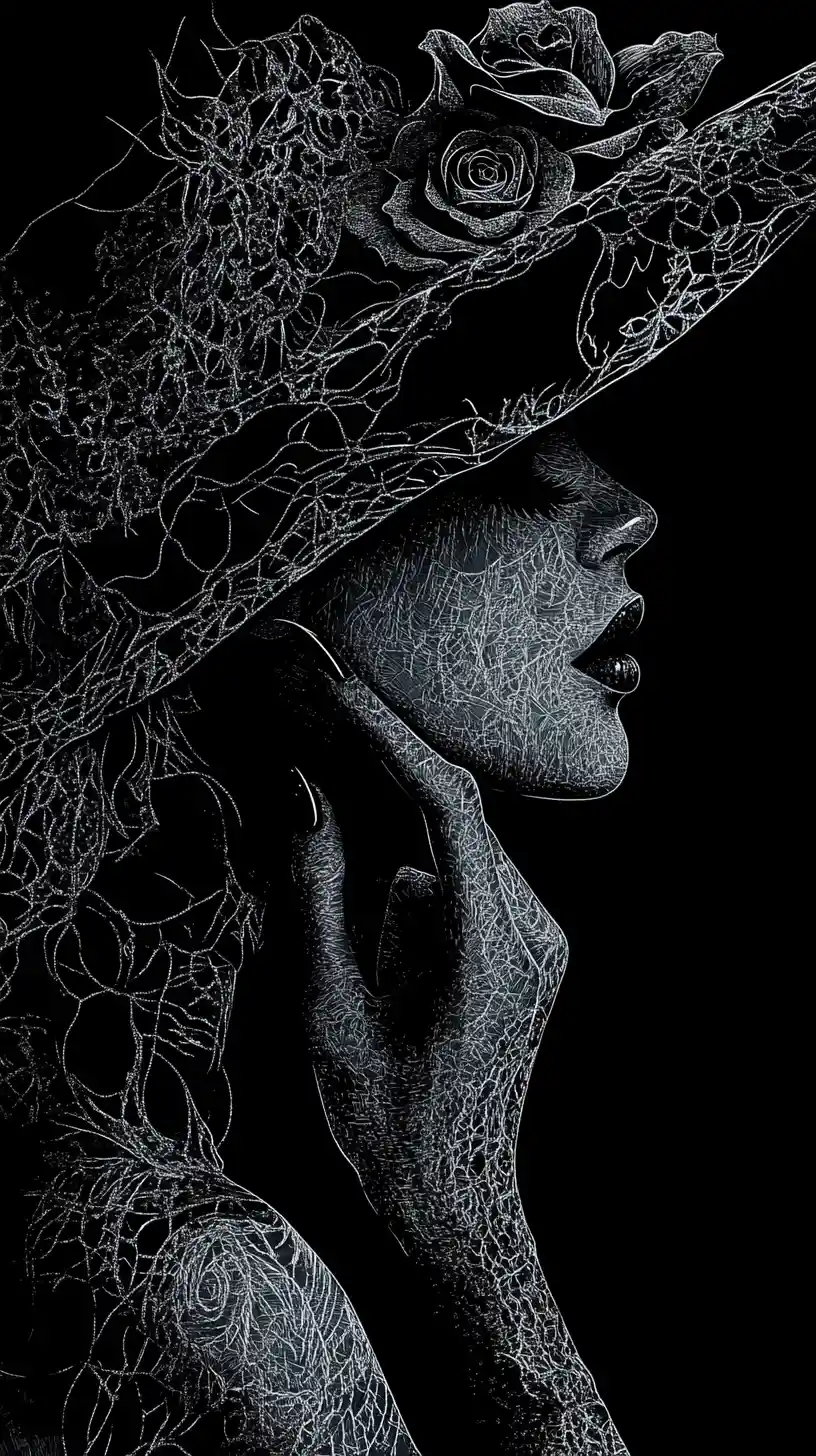 Elegant veiled sorceress in gothic profile line art
