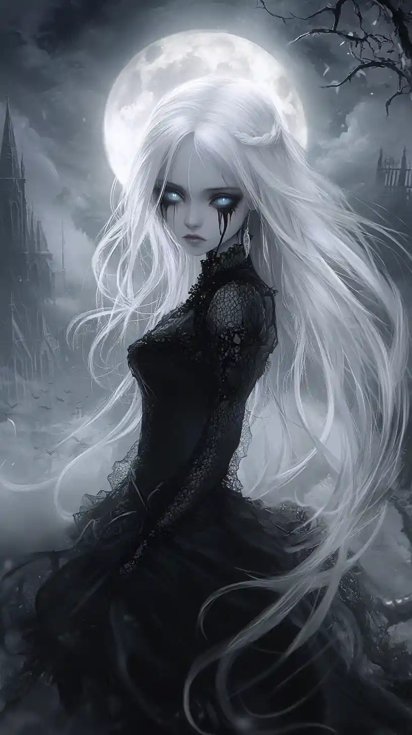 Gothic doll like girl beneath a glowing full moon