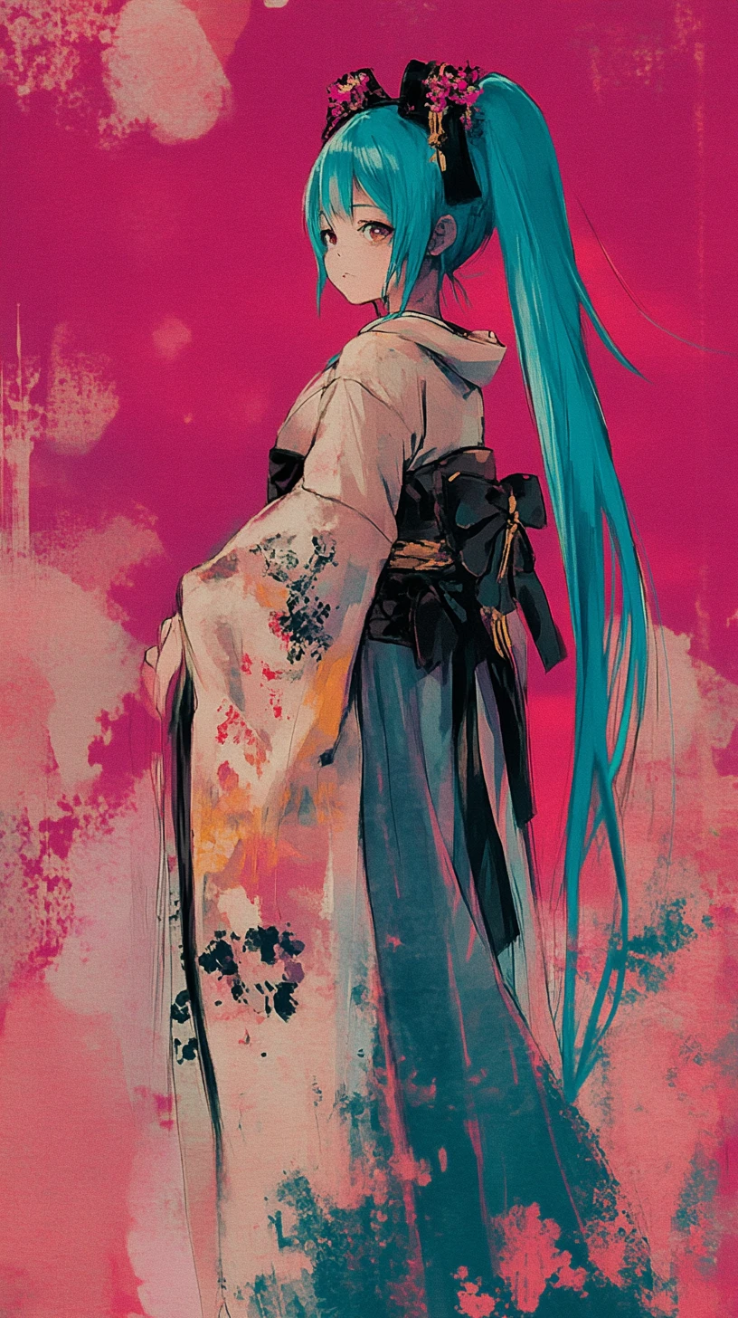 Anime girl in pink kimono with turquoise twin tails