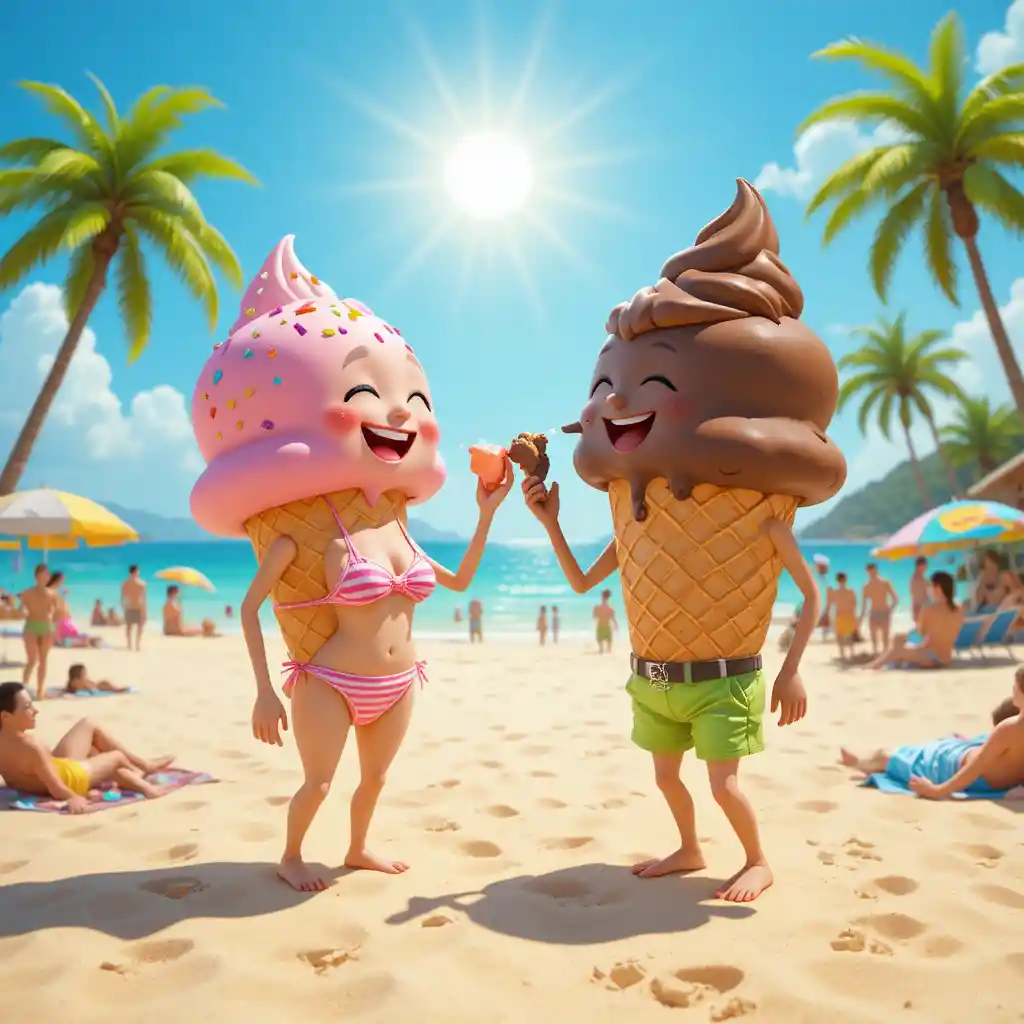 Playful ice cream cones sharing a moment on sunny beach