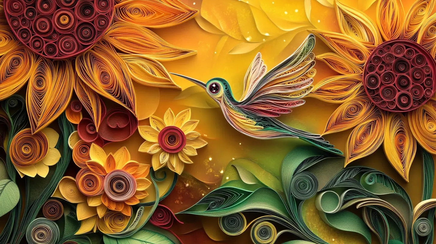 Colibrì fiabesco in quilling di carta con girasoli
