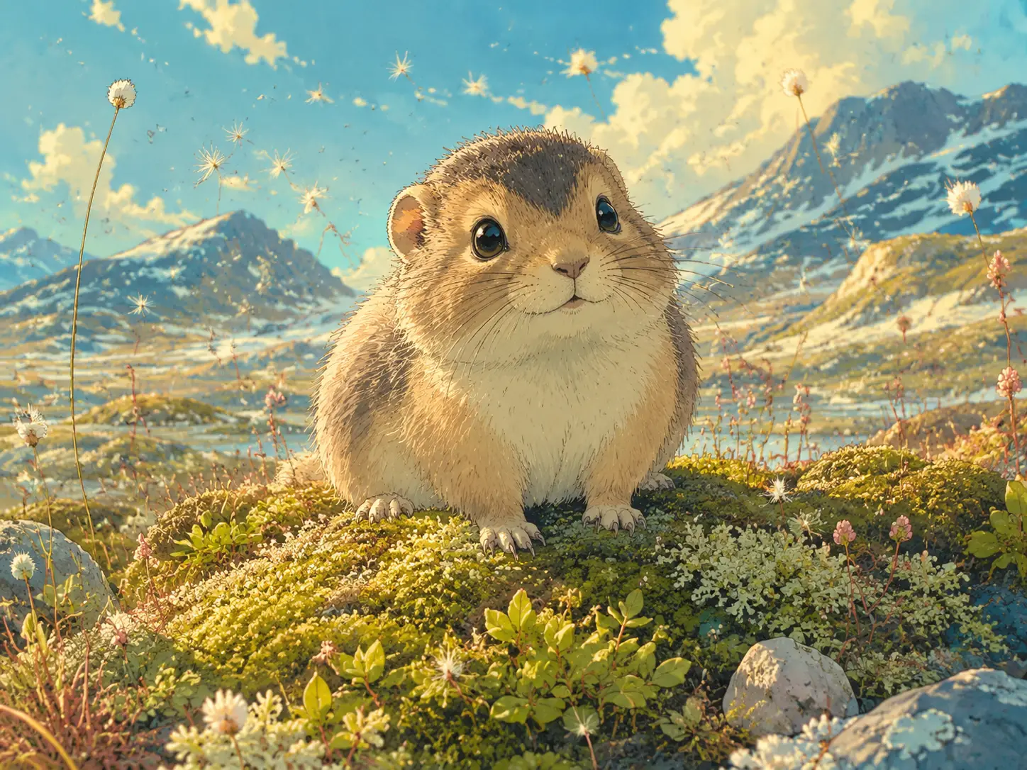 Cute baby lemming sitting on a sunny tundra mound