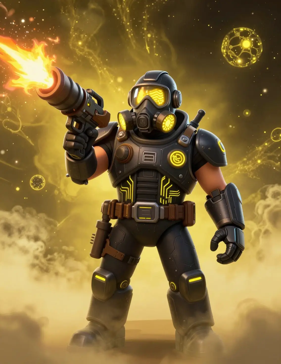 Cartoon sci fi soldier with flamethrower in cosmic void