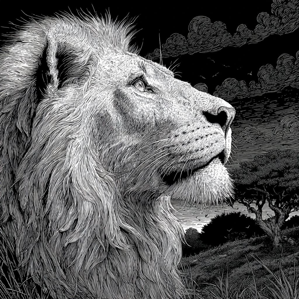 Ilustración de arte lineal intrincado de un león majestuoso