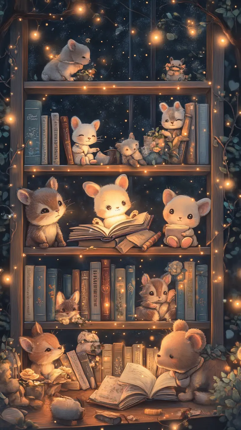 Cozy Animal Friends Reading Together By A Pastel Bookshelf