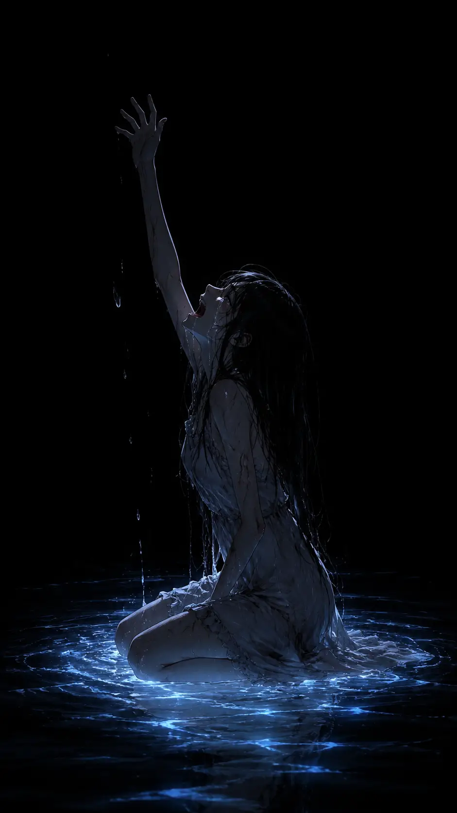 Crying girl kneels on faintly glowing water in darkness