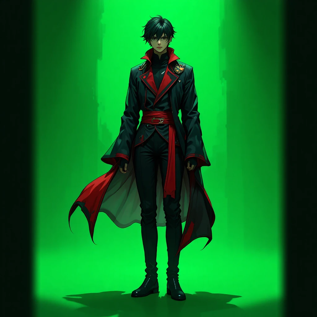 Full body anime man in black and red on green background
